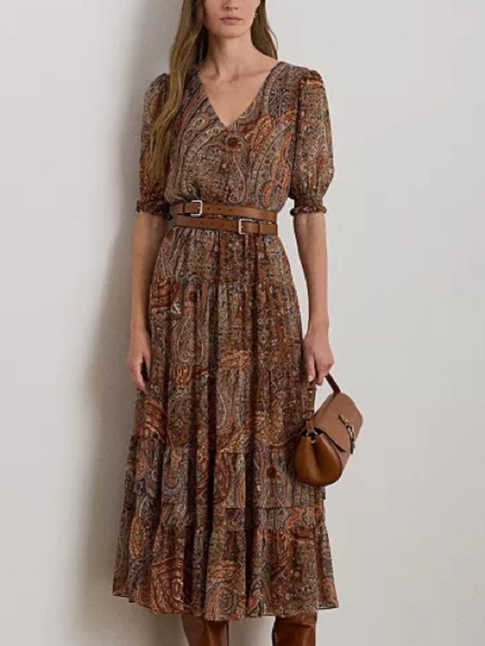 Lauren Ralph Lauren Brown Paisley Tiered Midi Dress with Belt